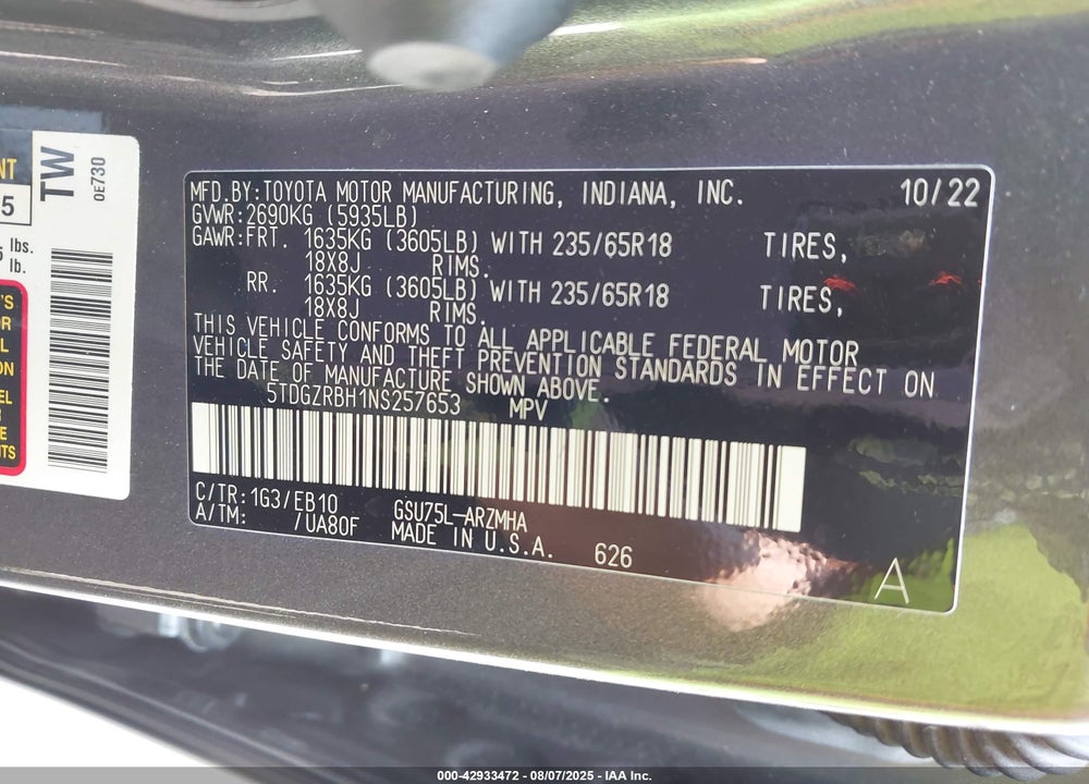 2022 TOYOTA HIGHLANDER VIN: 5TDGZRBH1NS257653