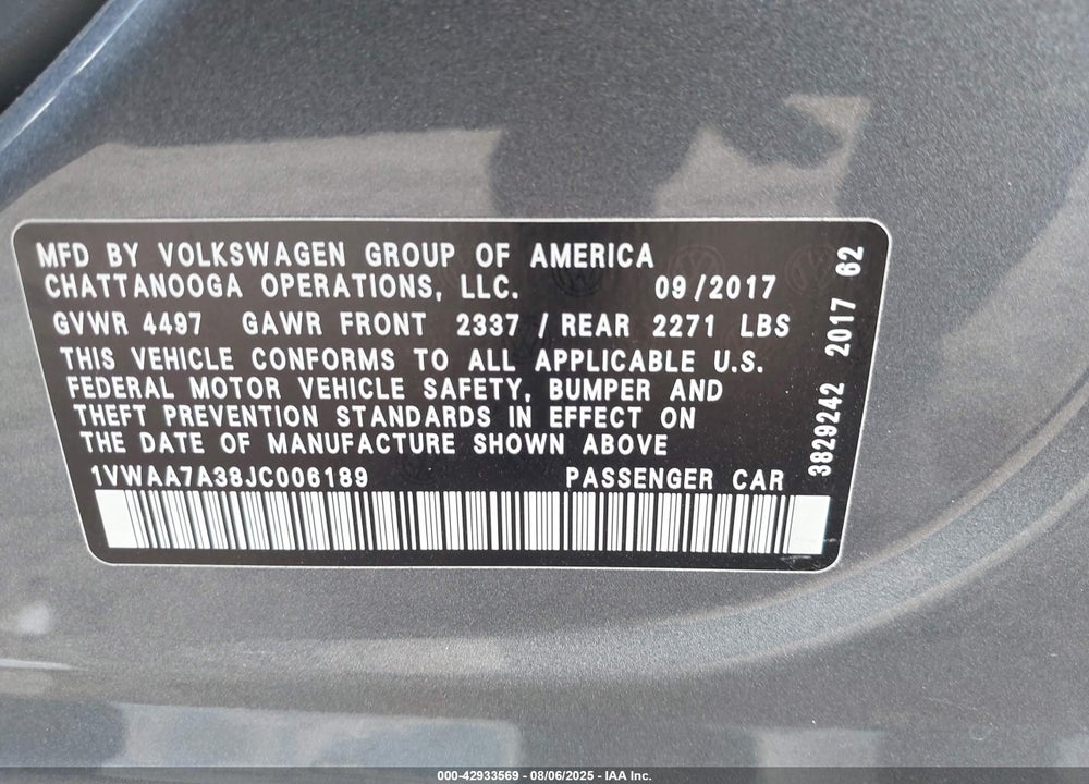 2018 VOLKSWAGEN PASSAT 2.0T R-LINE/2.0T S VIN: 1VWAA7A38JC006189