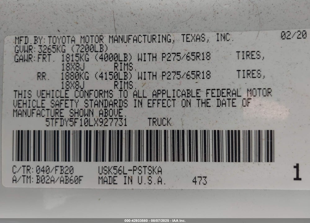 2020 TOYOTA TUNDRA VIN: 5TFDY5F10LX927731