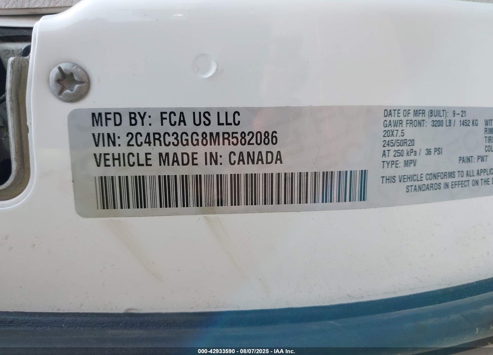 2021 CHRYSLER PACIFICA LIMITED AWD VIN: 2C4RC3GG8MR582086
