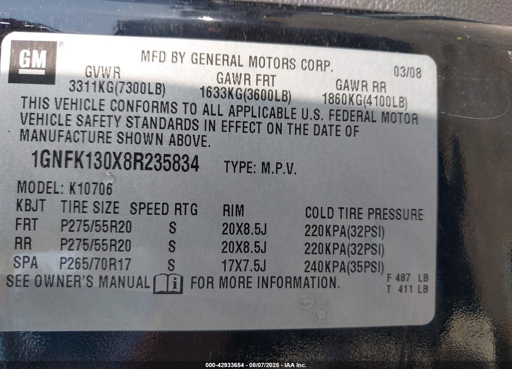 2008 CHEVROLET TAHOE VIN: 1GNFK130X8R235834