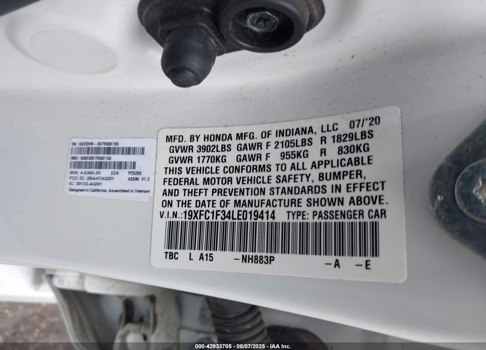 2020 HONDA CIVIC EX VIN: 19XFC1F34LE019414