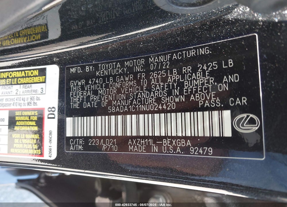 2022 LEXUS ES 300H VIN: 58ADA1C11NU024420