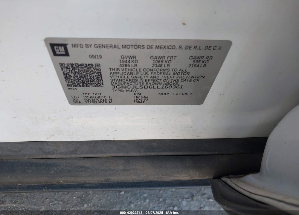 2020 CHEVROLET TRAX VIN: 3GNCJLSB6LL160361