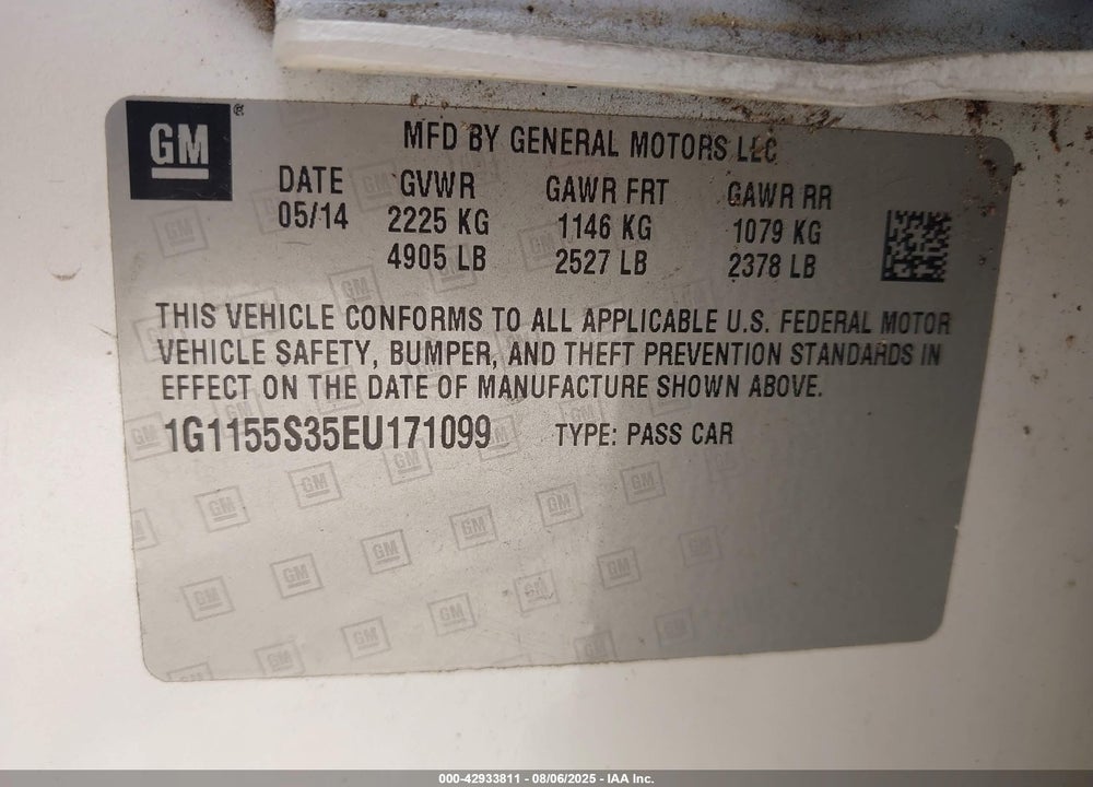 2014 CHEVROLET IMPALA VIN: 1G1155S35EU171099