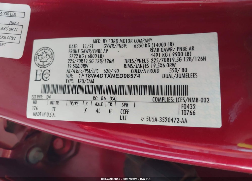 2022 FORD F-450 LIMITED VIN: 1FT8W4DTXNED08574