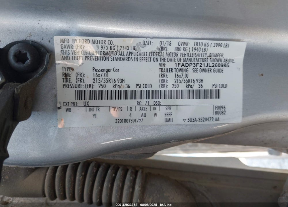 2018 FORD FOCUS VIN: 1FADP3F21JL260985