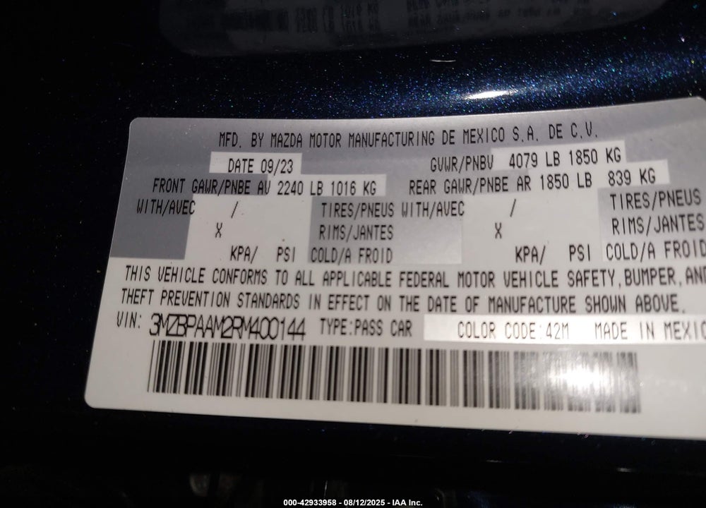 2024 MAZDA 3 2.5 S VIN: 3MZBPAAM2RM400144