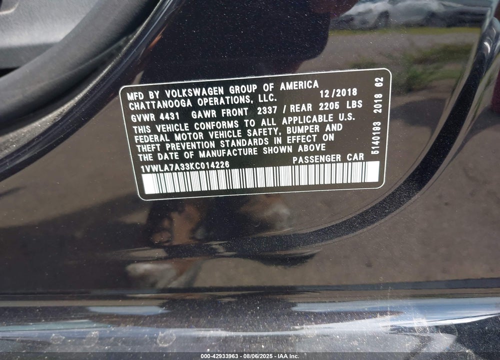 2019 VOLKSWAGEN PASSAT VIN: 1VWLA7A33KC014226