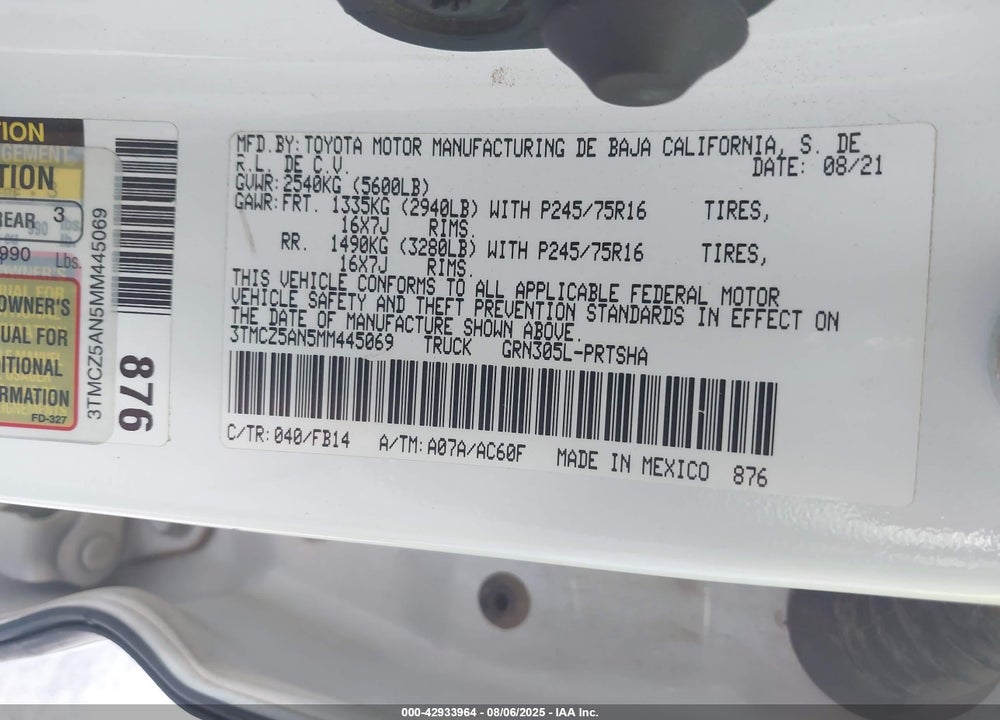 2021 TOYOTA TACOMA VIN: 3TMCZ5AN5MM445069