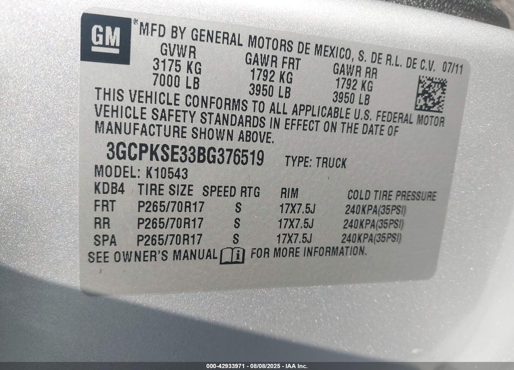 2011 CHEVROLET SILVERADO 1500 VIN: 3GCPKSE33BG376519
