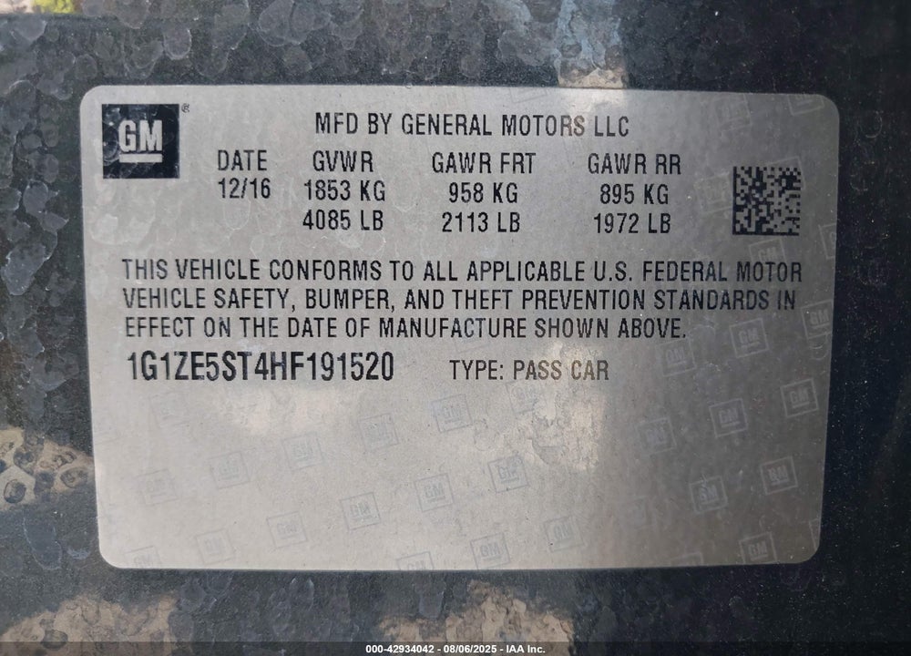 2017 CHEVROLET MALIBU VIN: 1G1ZE5ST4HF191520
