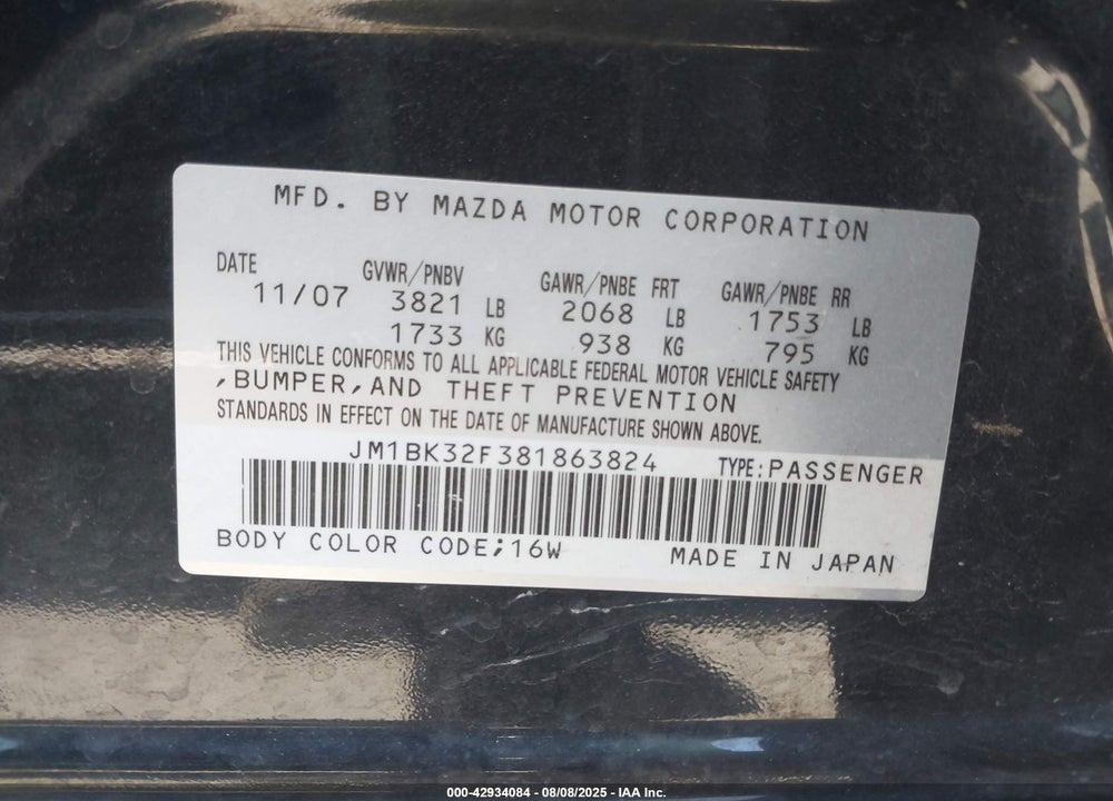 2008 MAZDA 3 I VIN: JM1BK32F381863824