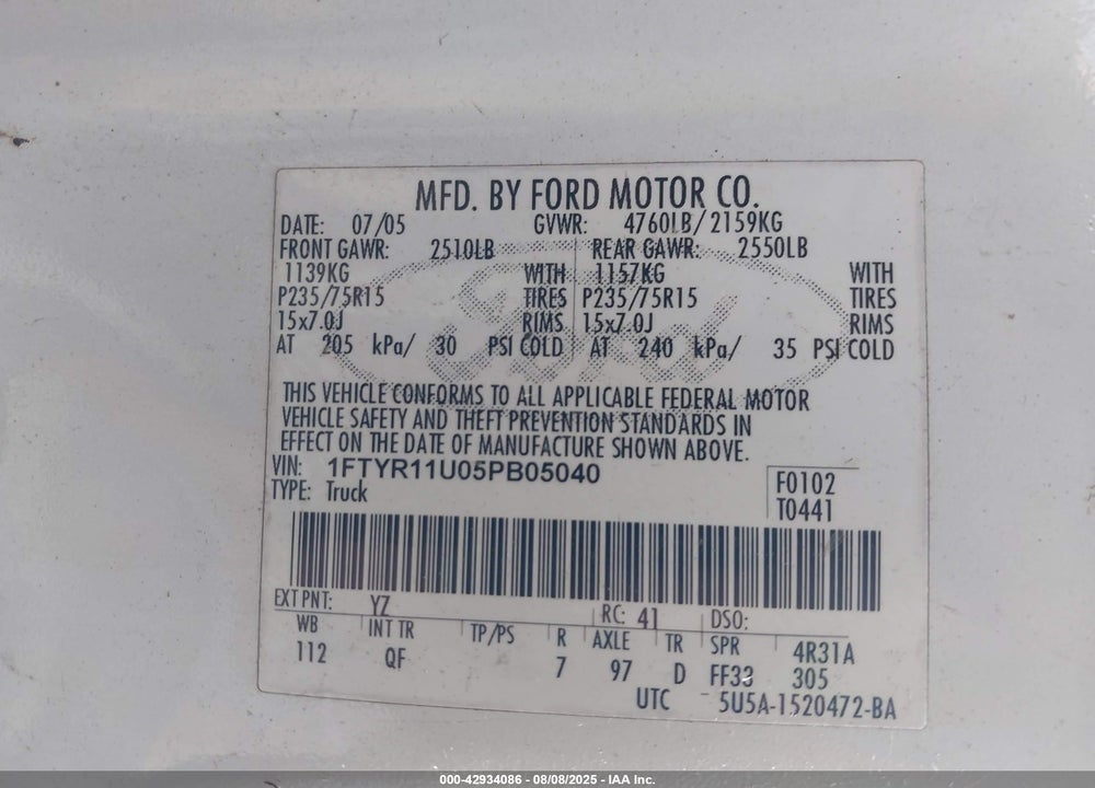 2005 FORD RANGER EDGE/XL/XLT VIN: 1FTYR11U05PB05040