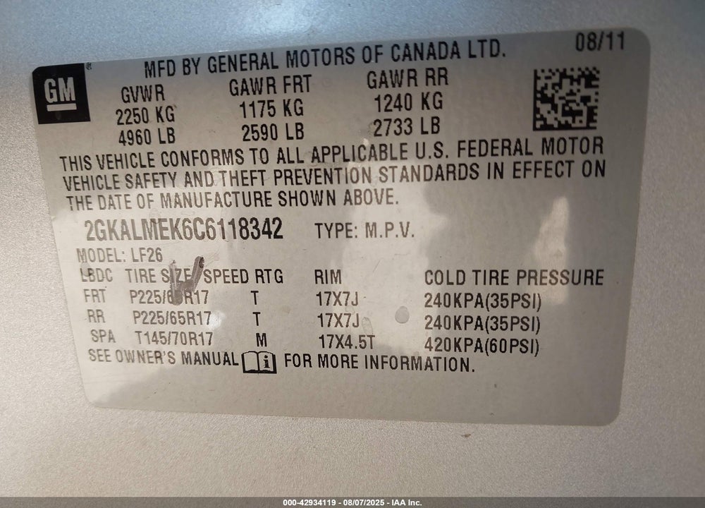 2012 GMC TERRAIN SLE-1 VIN: 2GKALMEK6C6118342