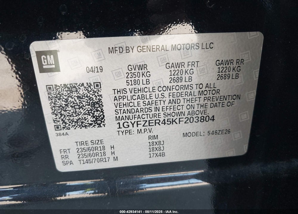 2019 CADILLAC XT4 VIN: 1GYFZER45KF203804