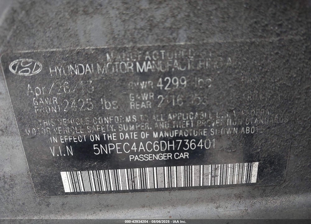 2013 HYUNDAI SONATA SE VIN: 5NPEC4AC6DH736401