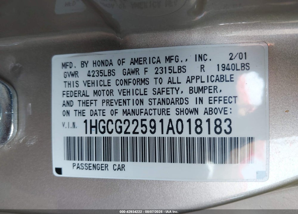 2001 HONDA ACCORD 3.0 EX VIN: 1HGCG22591A018183