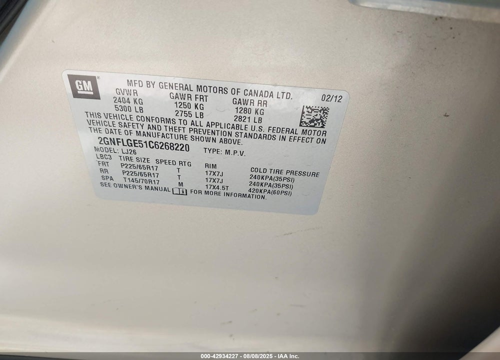 2012 CHEVROLET EQUINOX VIN: 2GNFLGE51C6268220