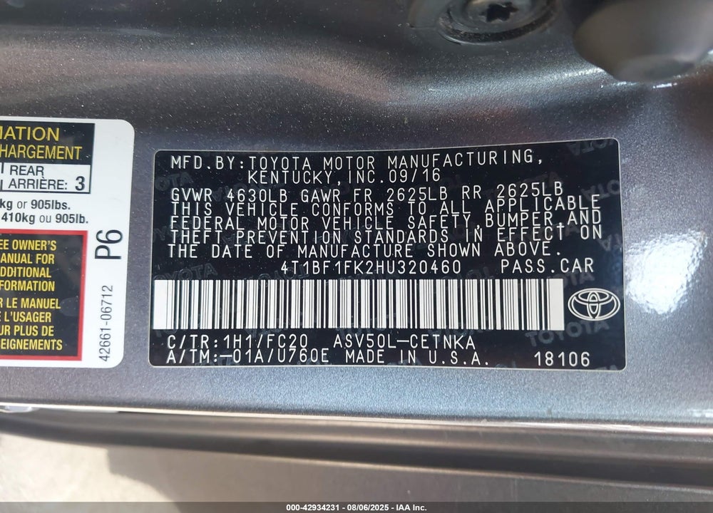 2017 TOYOTA CAMRY VIN: 4T1BF1FK2HU320460
