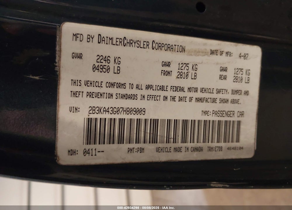 2007 DODGE CHARGER VIN: 2B3KA43G07H809009