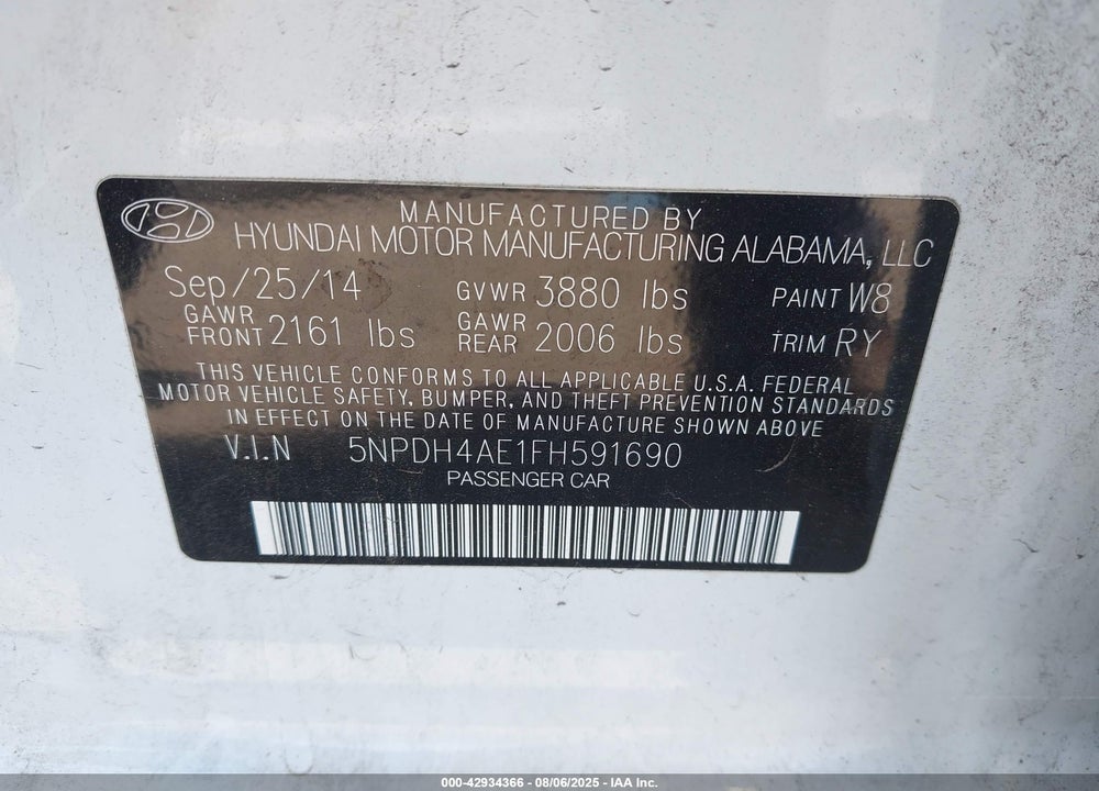 2015 HYUNDAI ELANTRA SE VIN: 5NPDH4AE1FH591690