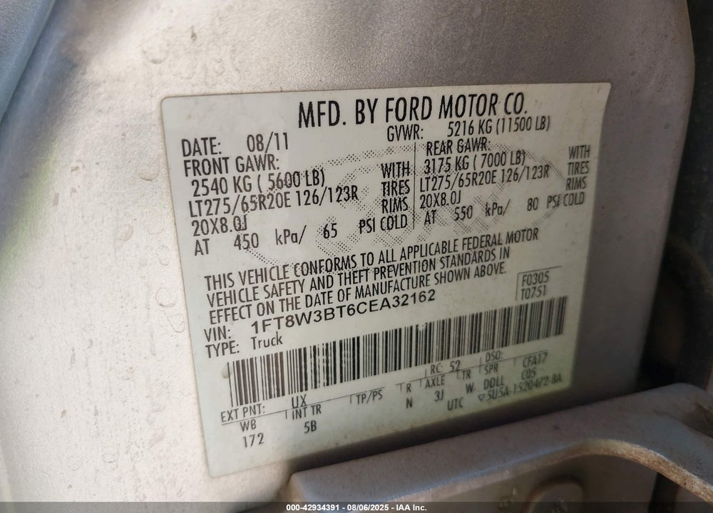 2012 FORD F-350 LARIAT VIN: 1FT8W3BT6CEA32162
