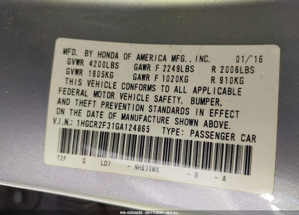 2016 HONDA ACCORD VIN: 1HGCR2F31GA124865