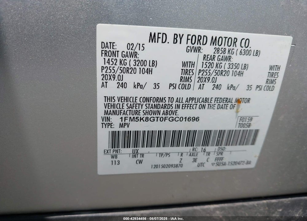 2015 FORD EXPLORER VIN: 1FM5K8GT0FGC01696