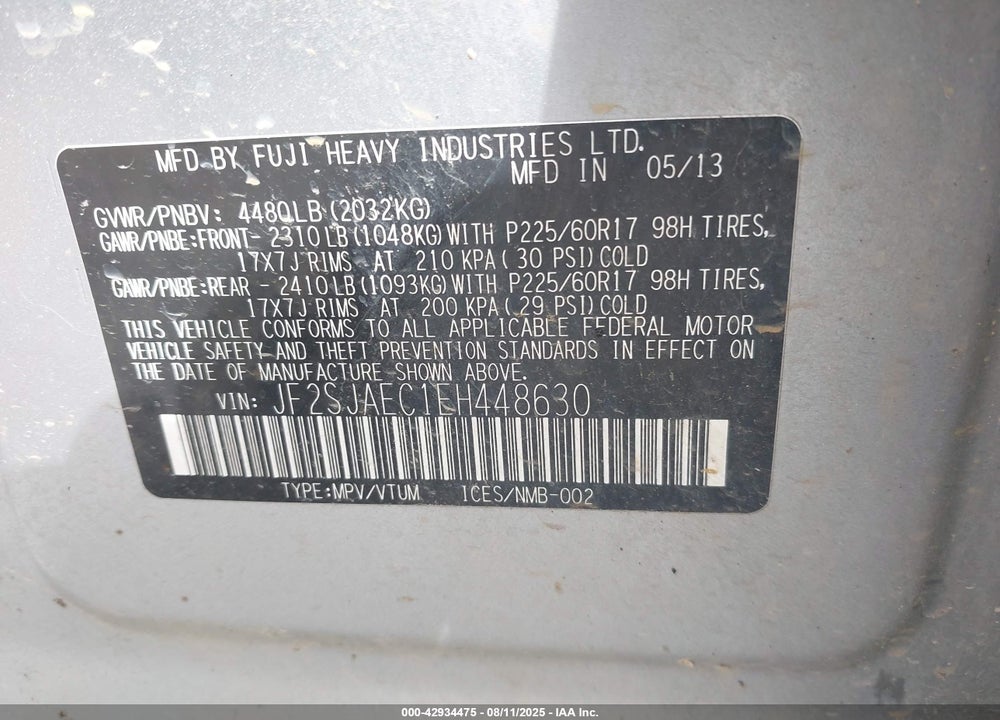 2014 SUBARU FORESTER 2.5I PREMIUM VIN: JF2SJAEC1EH448630
