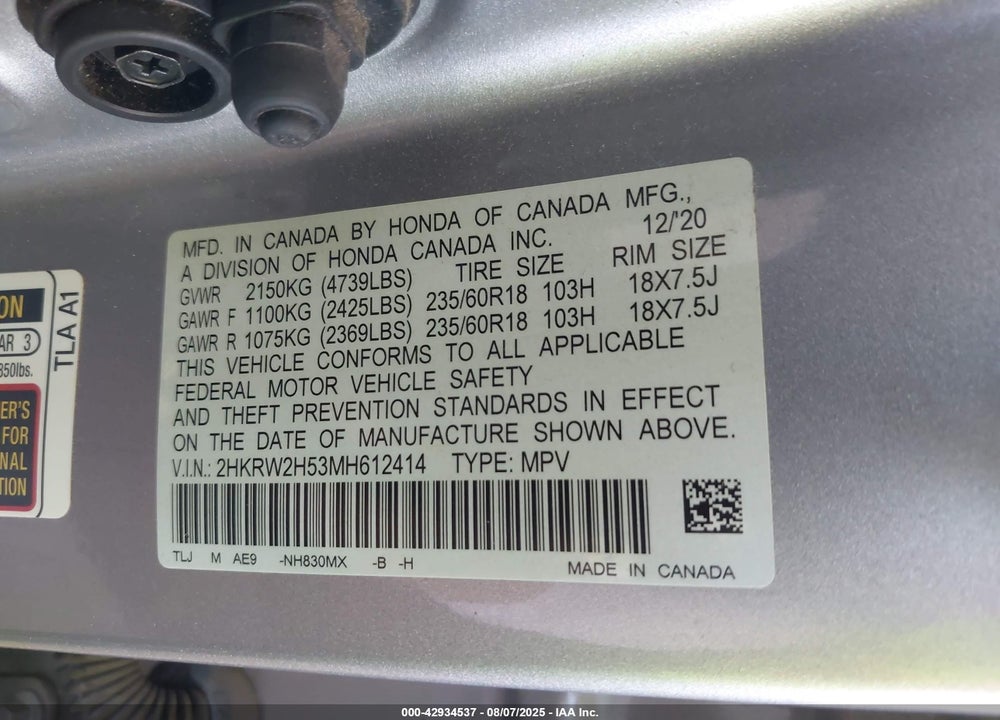 2021 HONDA CR-V VIN: 2HKRW2H53MH612414