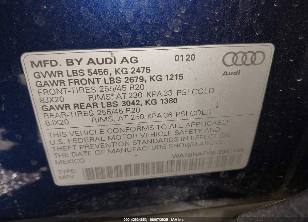 2020 AUDI Q5 PREMIUM PLUS 45 TFSI QUATTRO S TRONIC VIN: WA1BNAFY8L2061144