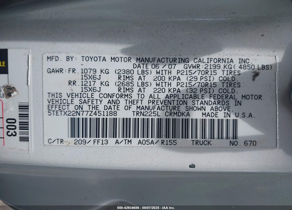 2007 TOYOTA TACOMA VIN: 5TETX22N77Z451188