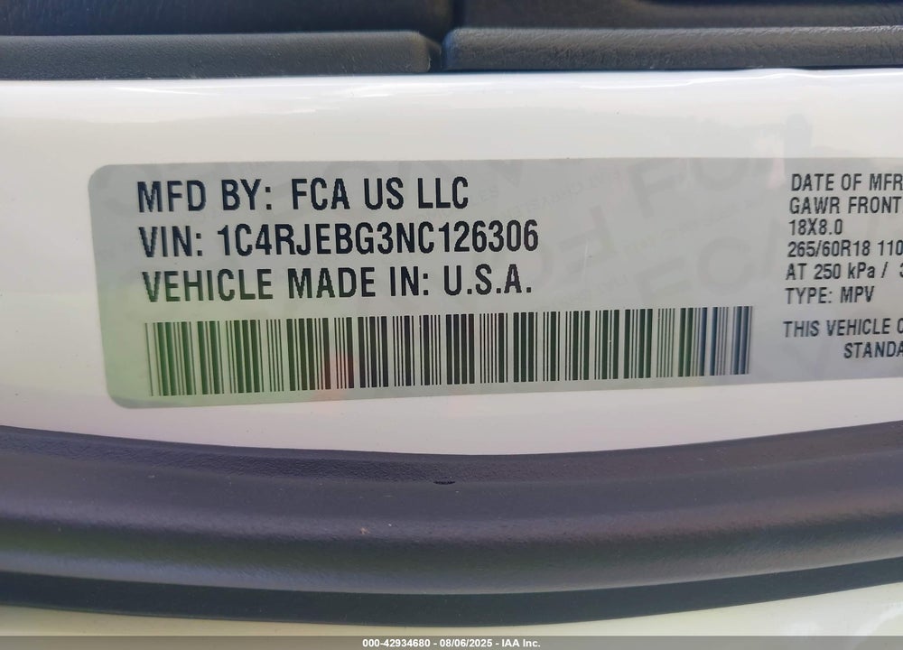 2022 JEEP GRAND CHEROKEE WK VIN: 1C4RJEBG3NC126306