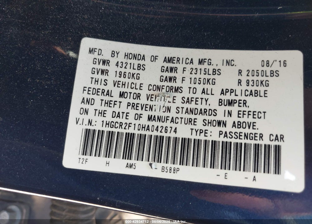 2017 HONDA ACCORD VIN: 1HGCR2F10HA042674