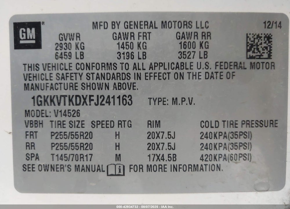 2015 GMC ACADIA VIN: 1GKKVTKDXFJ241163