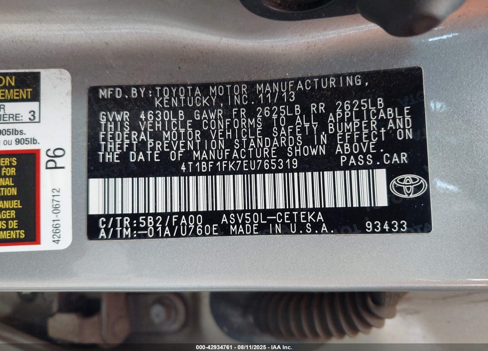 2014 TOYOTA CAMRY VIN: 4T1BF1FK7EU765319