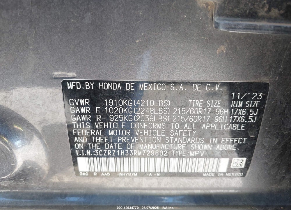 2024 HONDA HR-V 2WD LX VIN: 3CZRZ1H33RM729602