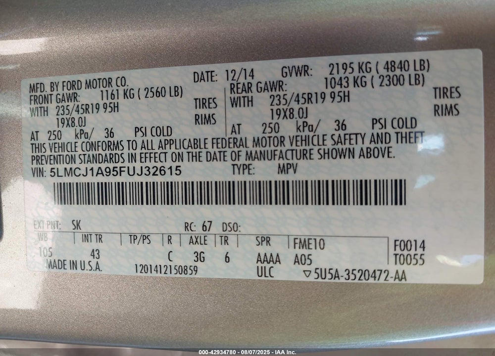 2015 LINCOLN MKC VIN: 5LMCJ1A95FUJ32615