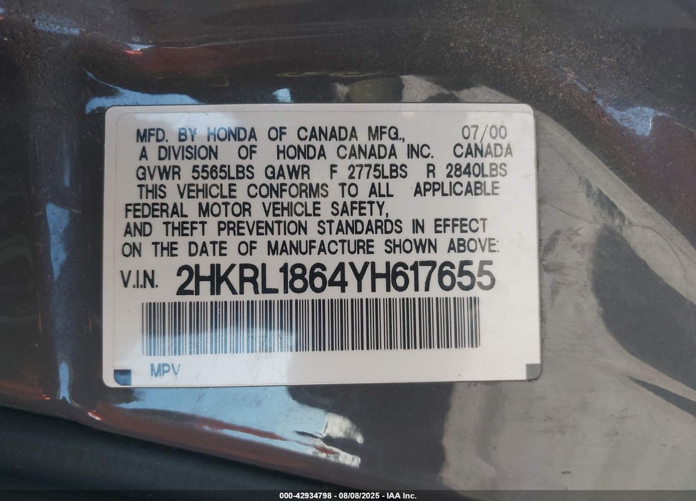 2000 HONDA ODYSSEY EX VIN: 2HKRL1864YH617655