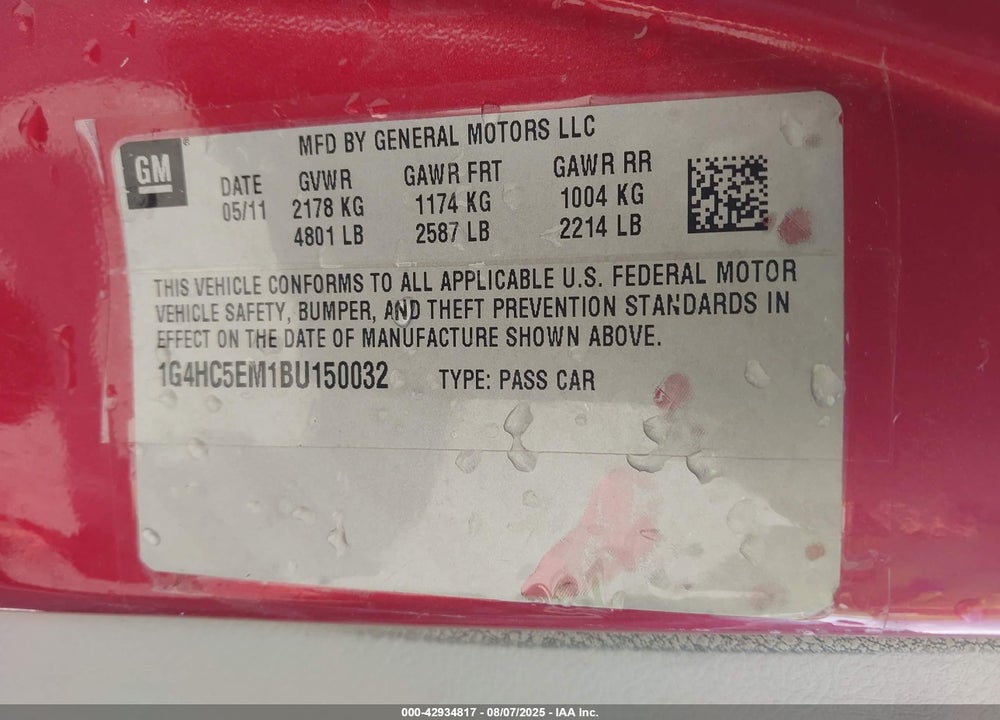 2011 BUICK LUCERNE VIN: 1G4HC5EM1BU150032
