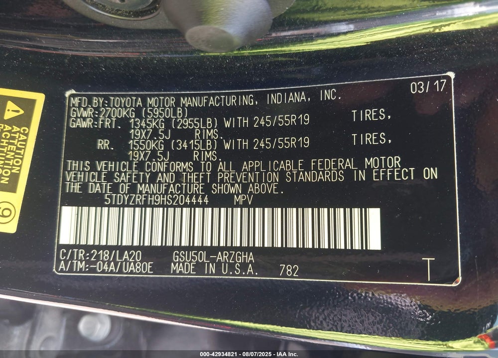 2017 TOYOTA HIGHLANDER VIN: 5TDYZRFH9HS204444