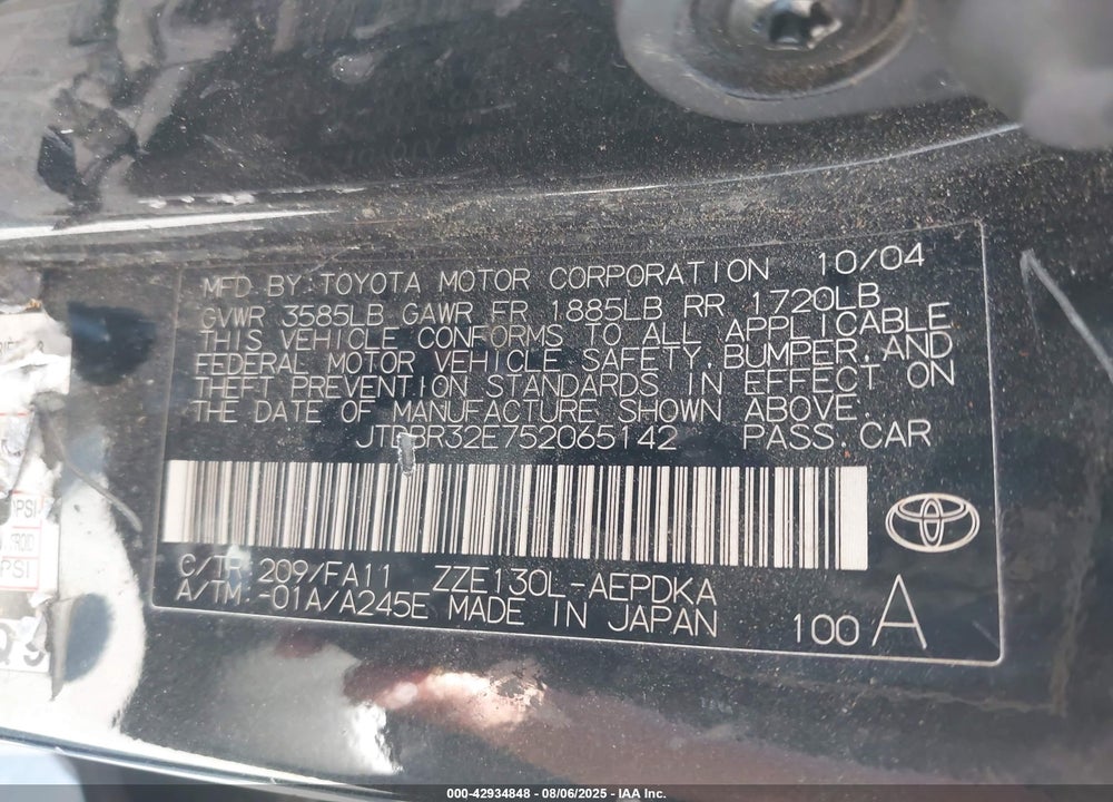 2005 TOYOTA COROLLA CE VIN: JTDBR32E752065142