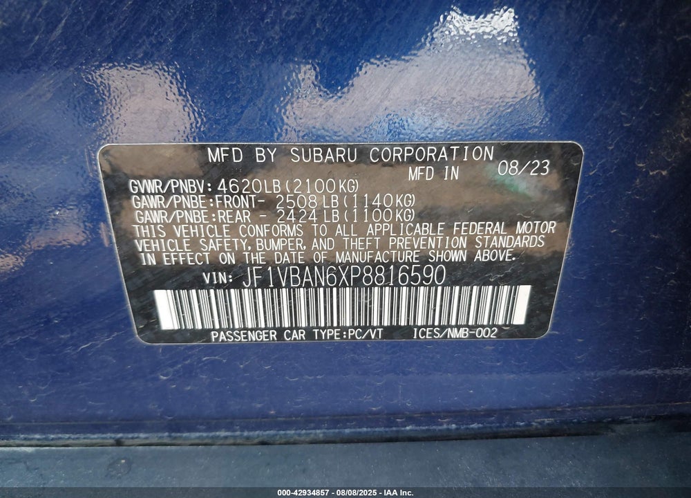 2023 SUBARU WRX LIMITED VIN: JF1VBAN6XP8816590