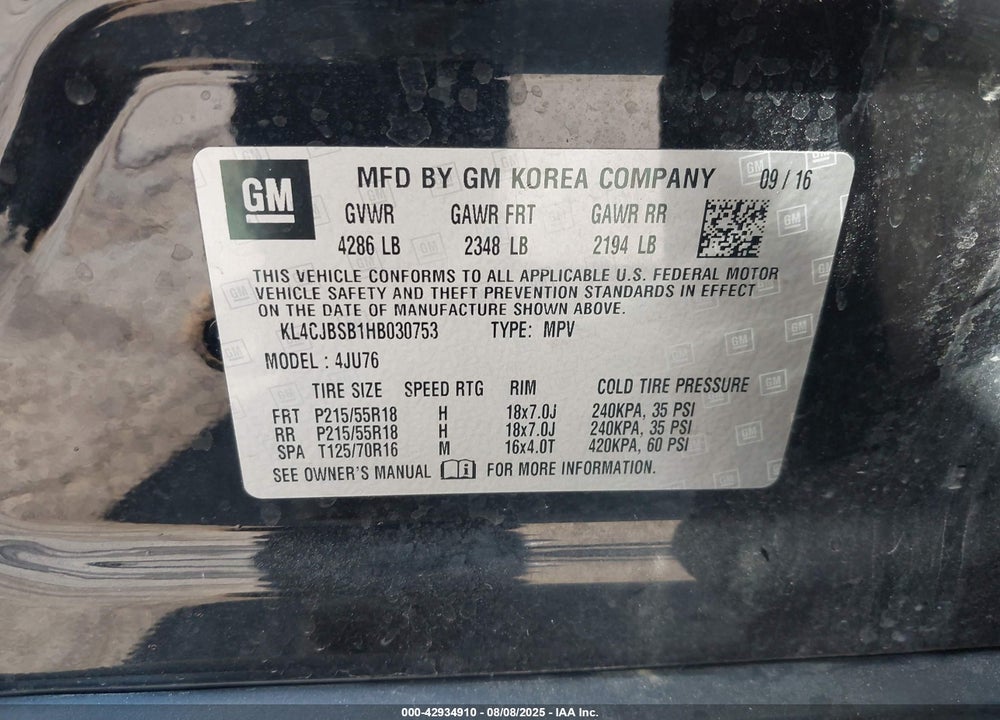 2017 BUICK ENCORE VIN: KL4CJBSB1HB030753