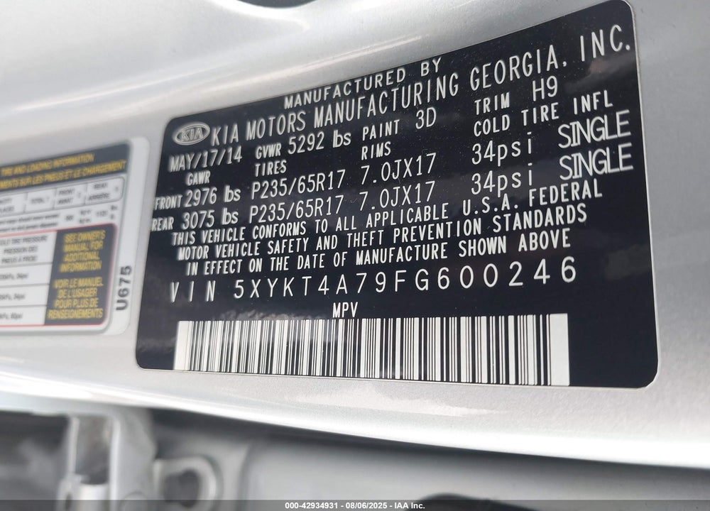 2015 KIA SORENTO LX V6 VIN: 5XYKT4A79FG600246