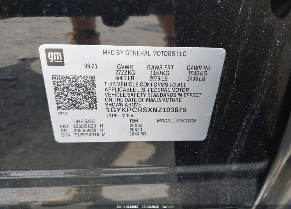 2022 CADILLAC XT6 VIN: 1GYKPCRSXNZ103675