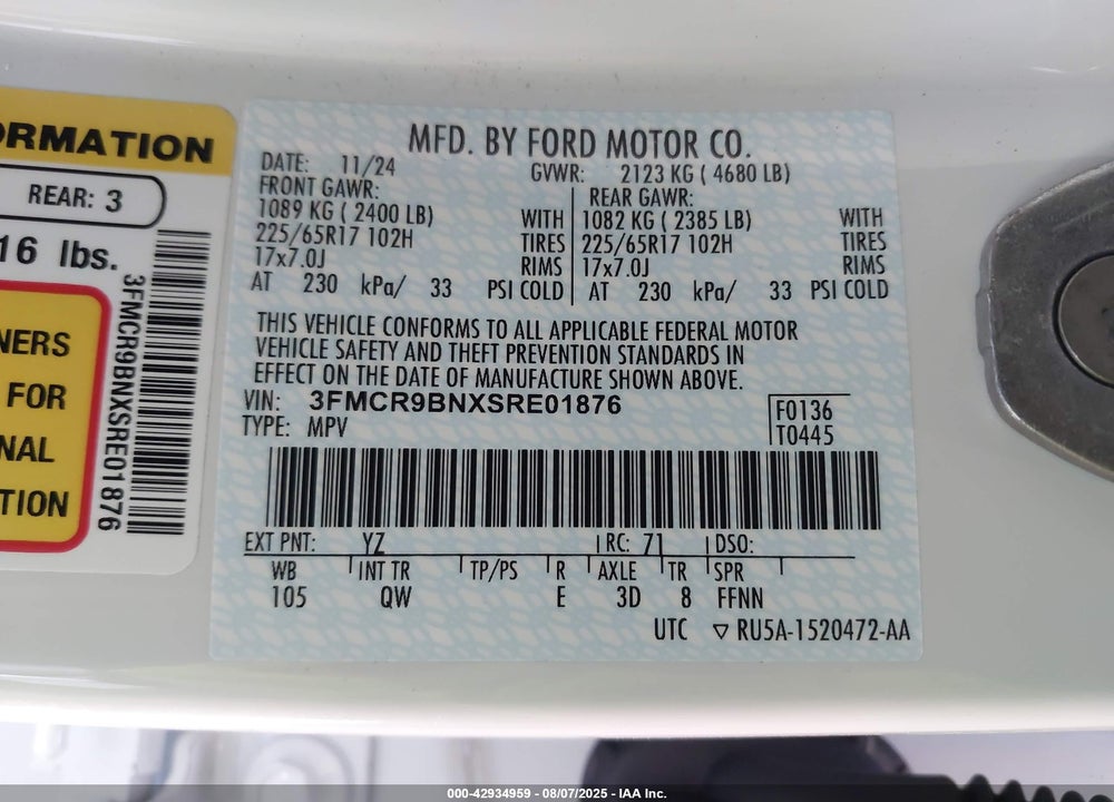 2025 FORD BRONCO SPORT BIG BEND VIN: 3FMCR9BNXSRE01876