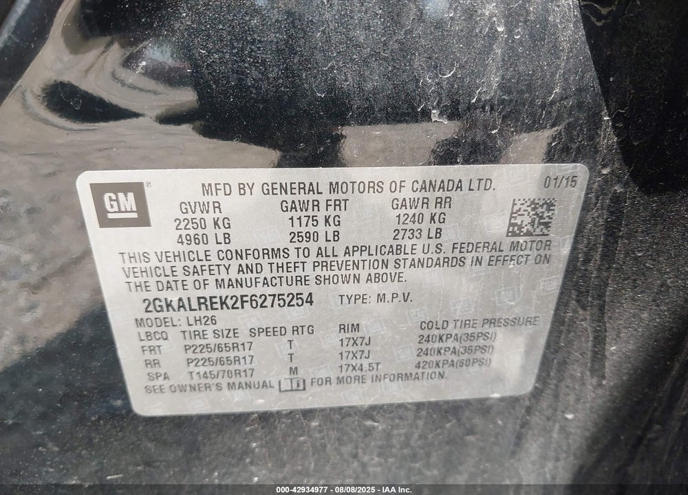 2015 GMC TERRAIN VIN: 2GKALREK2F6275254