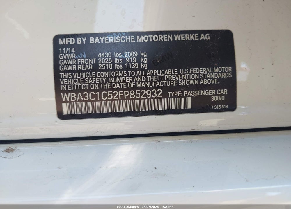 2015 BMW 3 SERIES VIN: WBA3C1C52FP852932